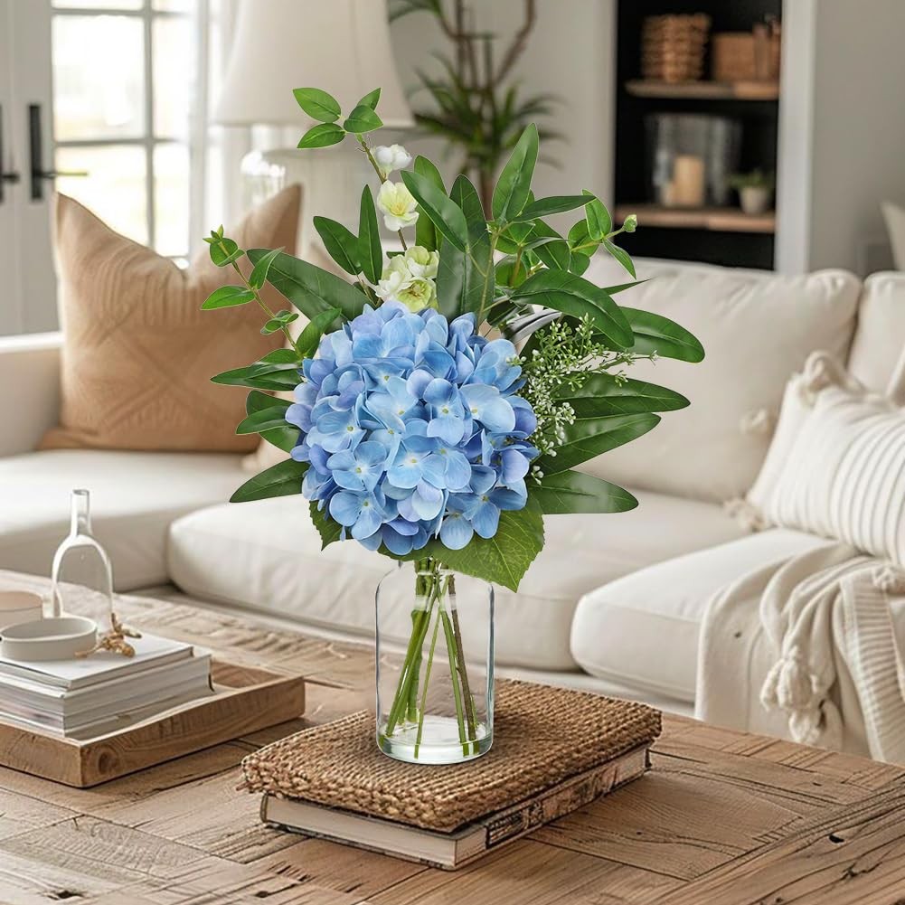17″ Blue Hydrangea Artificial Flowers in Vase With Faux Water, UV Protected F…
