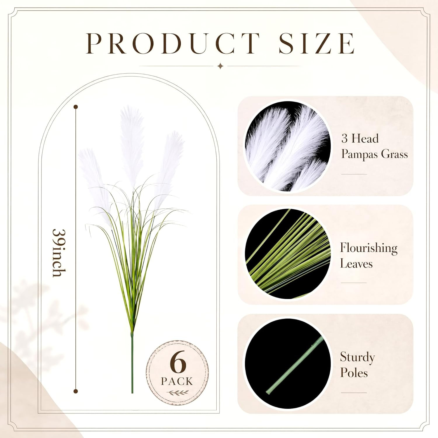 6Pcs 39″ Large Artificial Plants with 3 Heads White Faux Fake Reed Pampas Grass