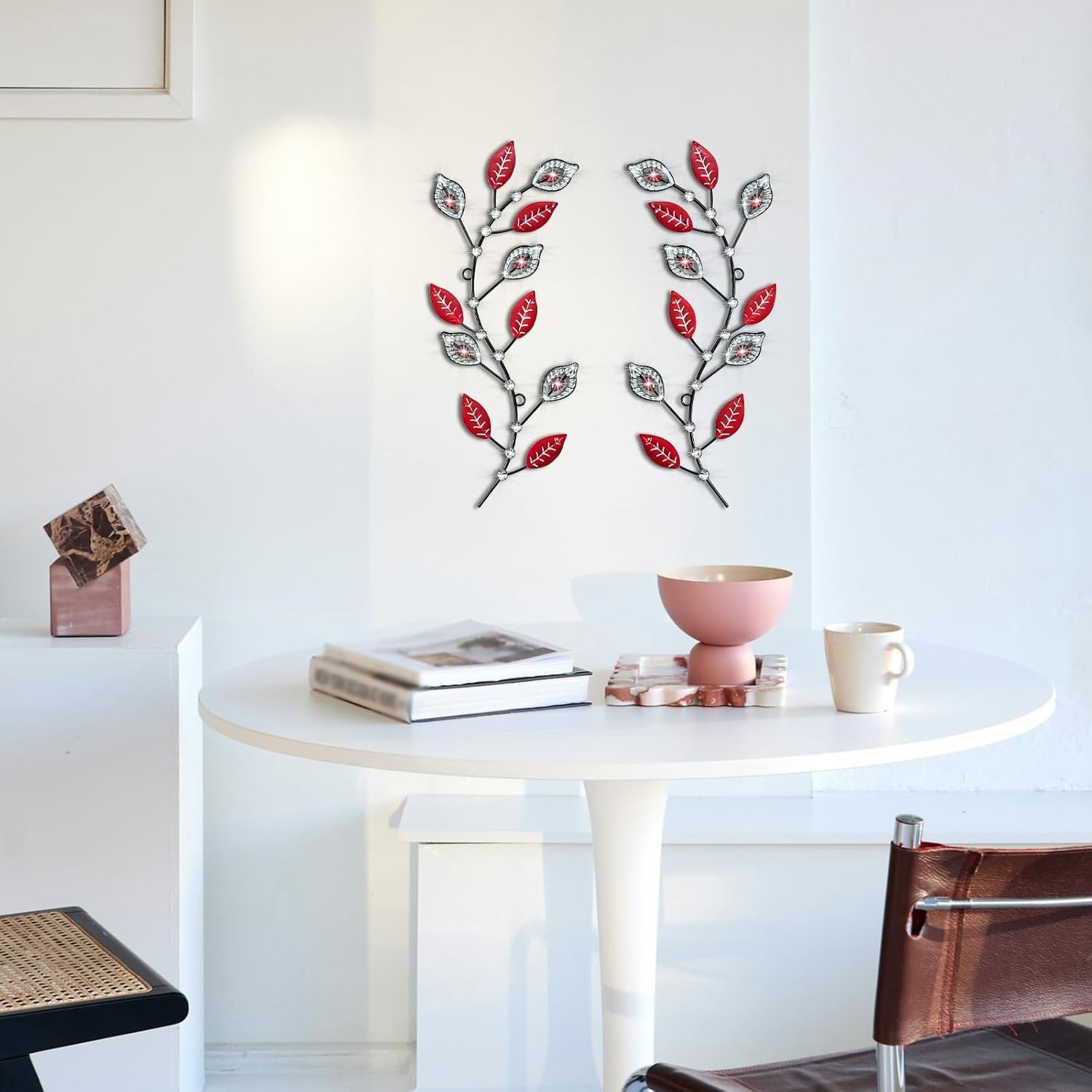 2Pc Metal Tree Leaf Wall Art 3D Rhinestone Iron Branch Hanging Decor Red