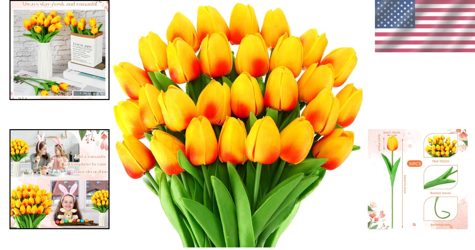 30 PCS Gold Yellow Tulips Artificial Bouquet Real Touch Faux Flowers Decor