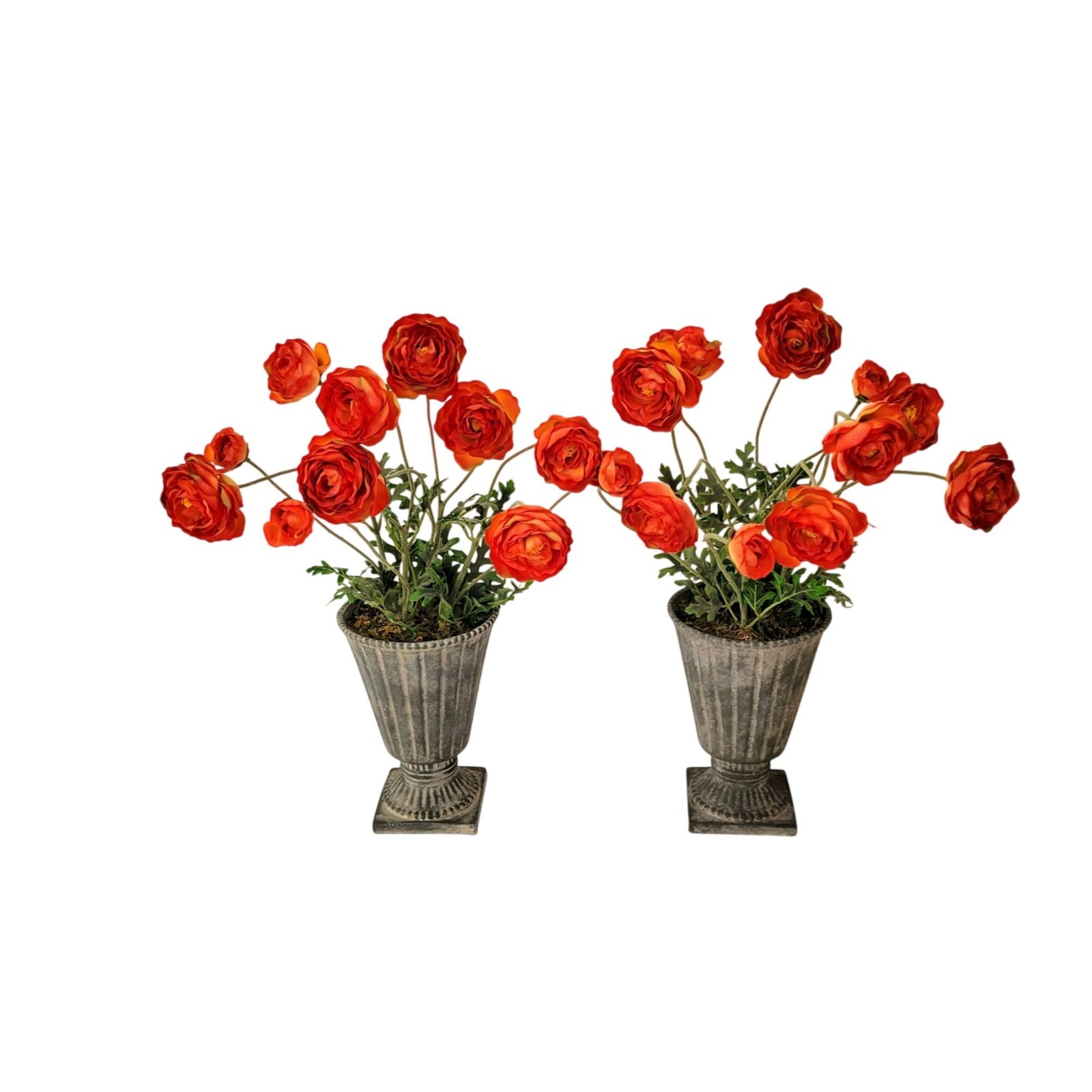 Pair Of Artificial Ranunculus Flowers In Aged Metal Look Ceramic Urn Planters Vi