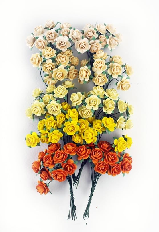 100 pcs Tiny Artificial Roses Mixed Orange Yellow Shade Five Color Mulberry P…