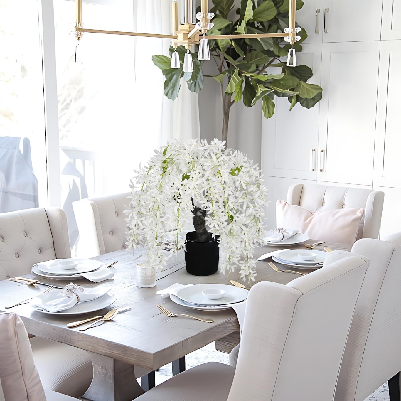 Artificial White Flower Tree 13.8″ Tall with Silk Wisteria 8in, White-13.8