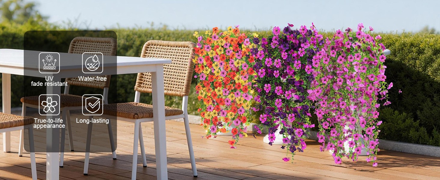 Artificial Hanging Flowers for Outdoors, 6PCS Faux Silk Artificial Flowers for