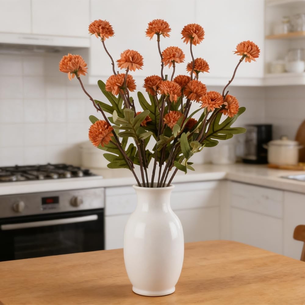 Artificial Pompon Mum Stems Silk Home Decor Orange 20 Inch Set of 4