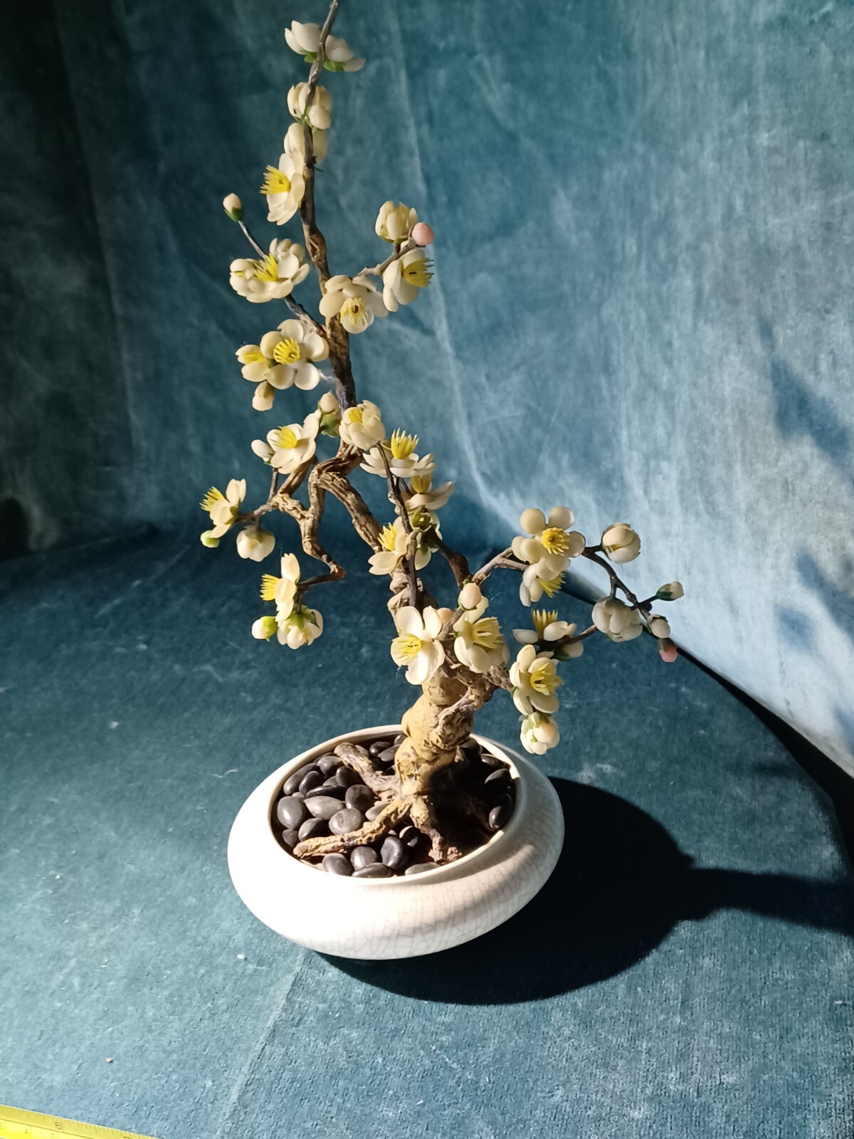 Bonsai Tree Vintage Retro 14″ Artificial Plum Blossom ceramic pot wood pedestal