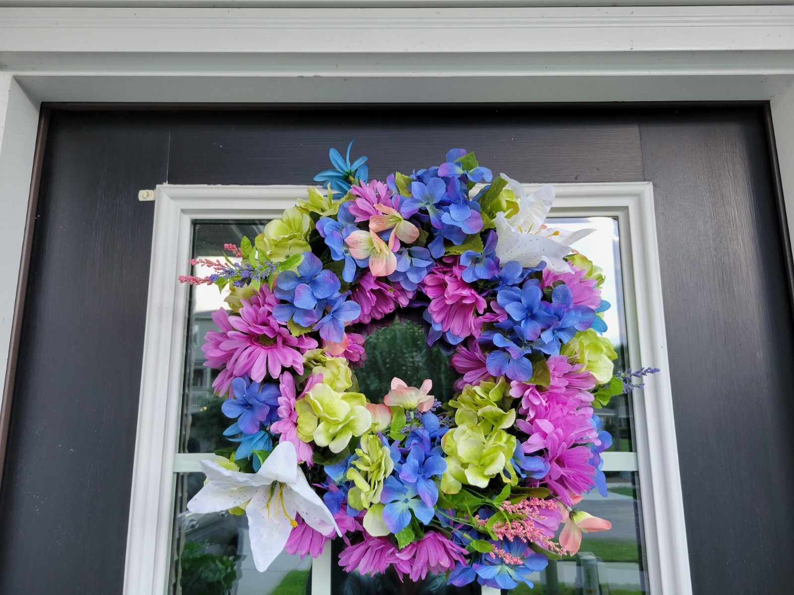 FLORAL one of a kind WREATH flowers Decor Front Door 16″ purple blue pink new