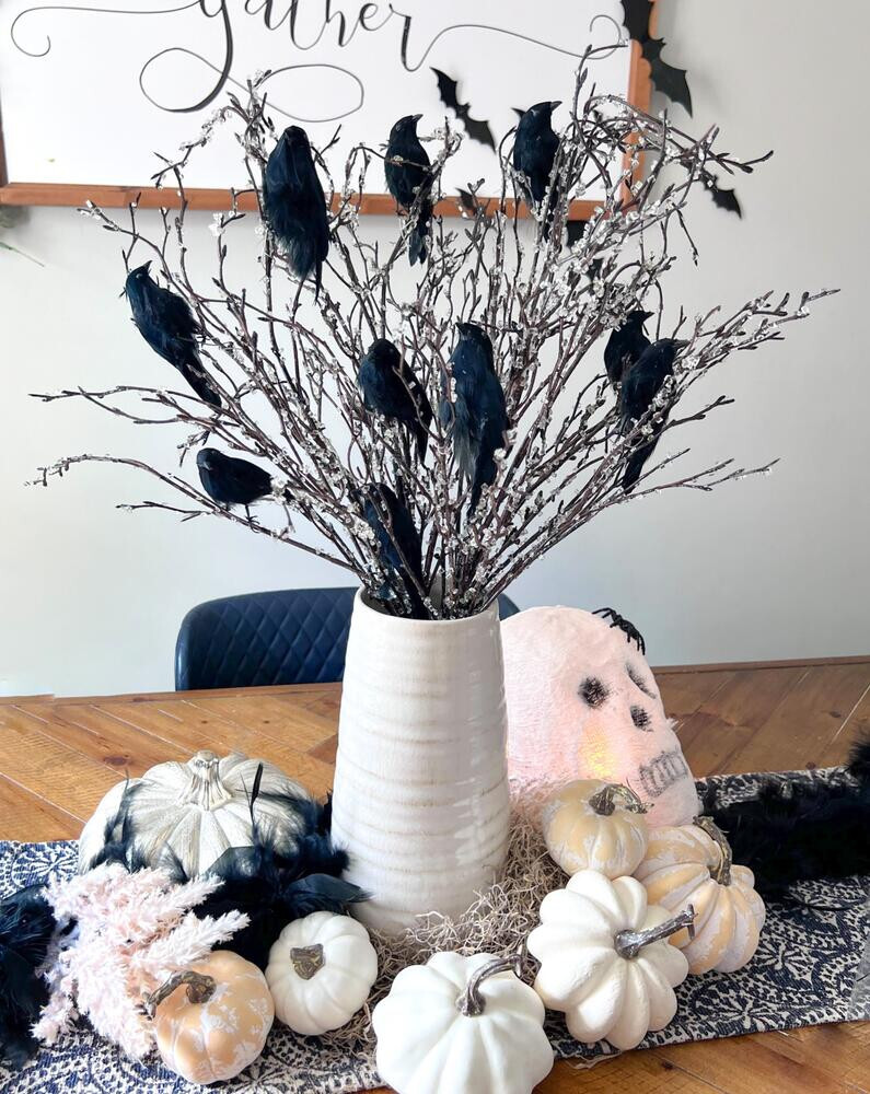 Artificial Icy Branches with Crows Arrangement Kit for Halloween & Fall