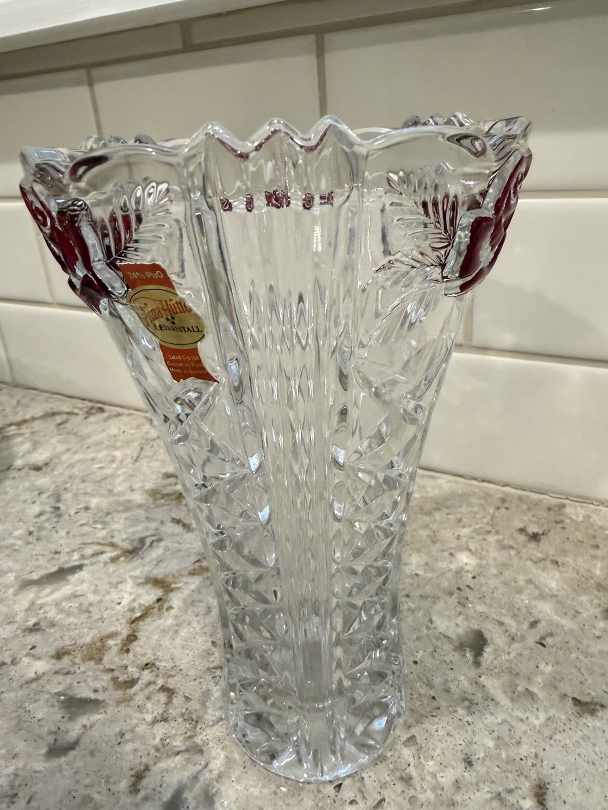 Anna Hutte Bleikristall Lead Crystal Clear /redVase 24% BPO 7.5” Made in Germany