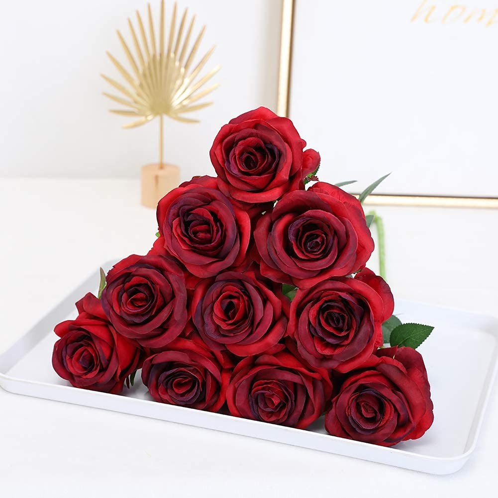 10 PCS Artificial Silk Roses Real Touch Bridal Wedding Bouquet Red Burgundy