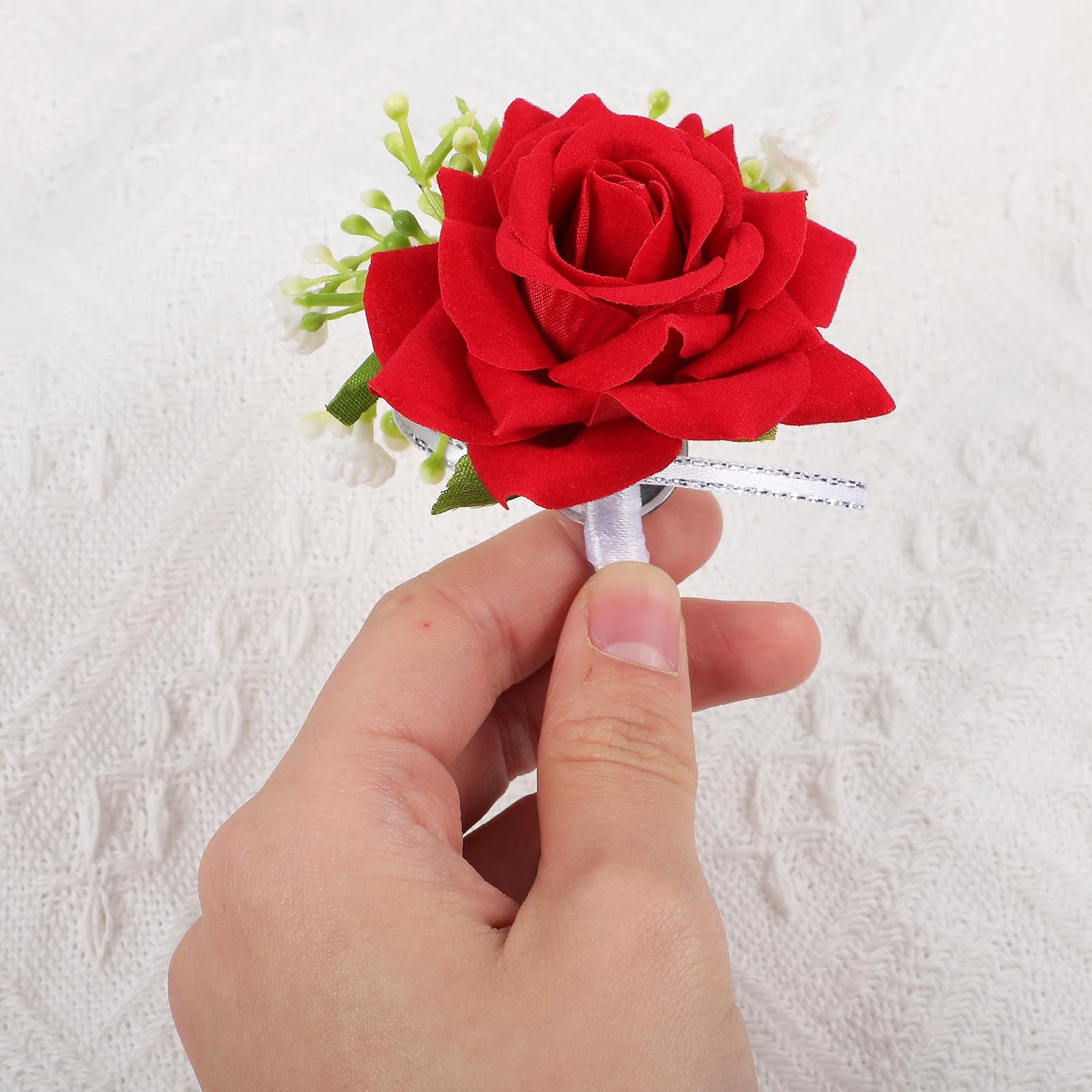 2 PCS Artificial Red Rose Boutonniere Corsage Set Wristlet Band Prom Wedding