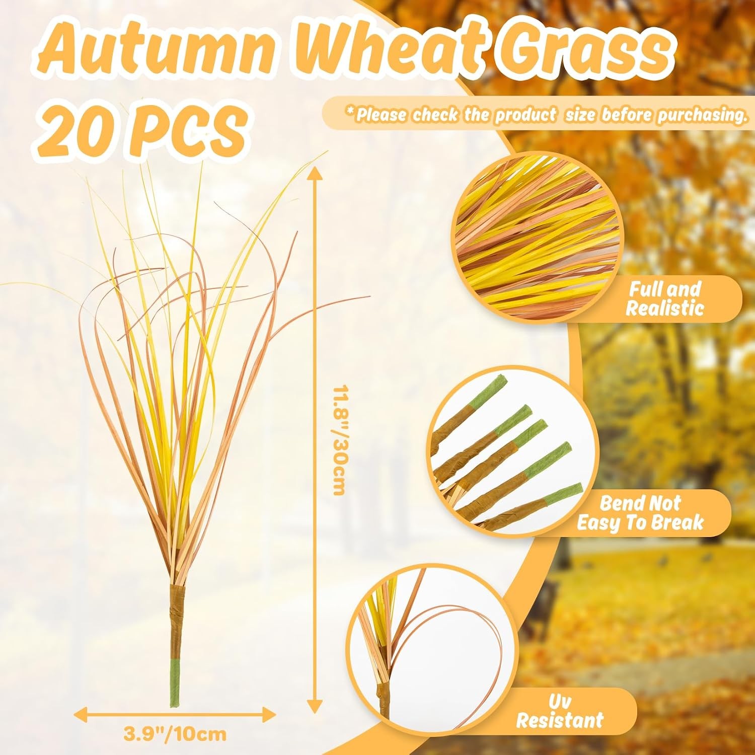 20PCS Artificial Fall Flowers UV Resistant Wheat Grass Stems Autumn Greenery