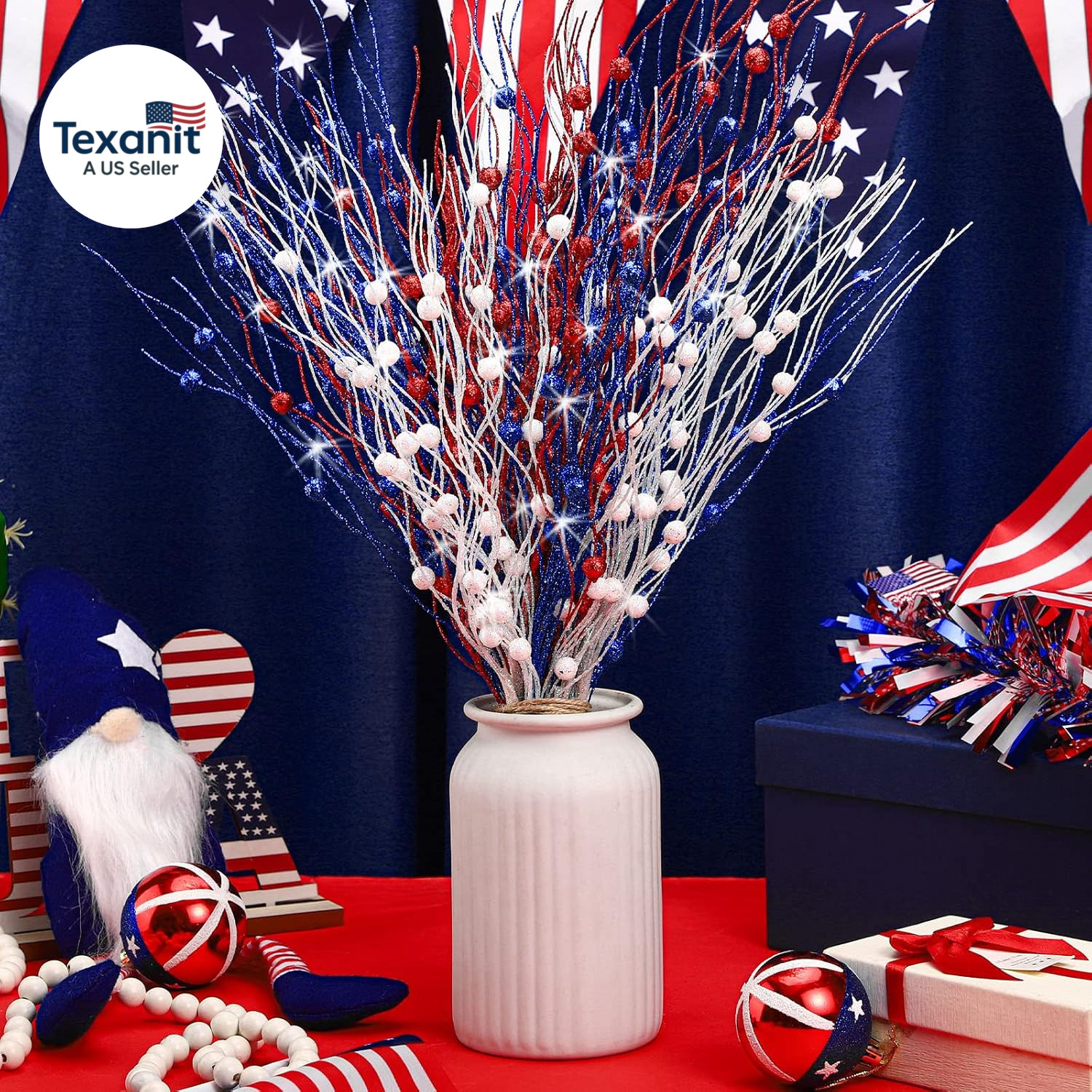 16 Pack Red White and Blue Artificial Flowers 17 Inches 4Th of July Glitter Stic