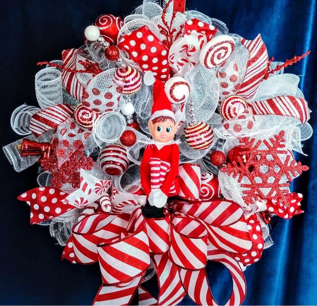 Christmas Elf Front Door Wreath Large 24″ Handmade Deco Mesh Holiday Decoration