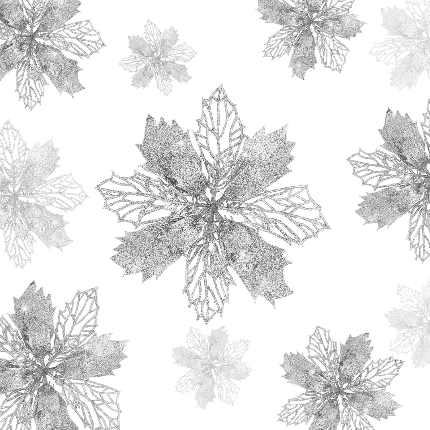 36pcs Glitter Poinsettia Flowers Artificial – Silver Poinsettia Christmas Silver