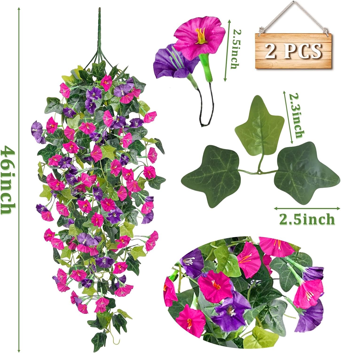 Artificial Fake Hanging Flowers Plants, Faux Silk Morning Glory with Ivy Vines,