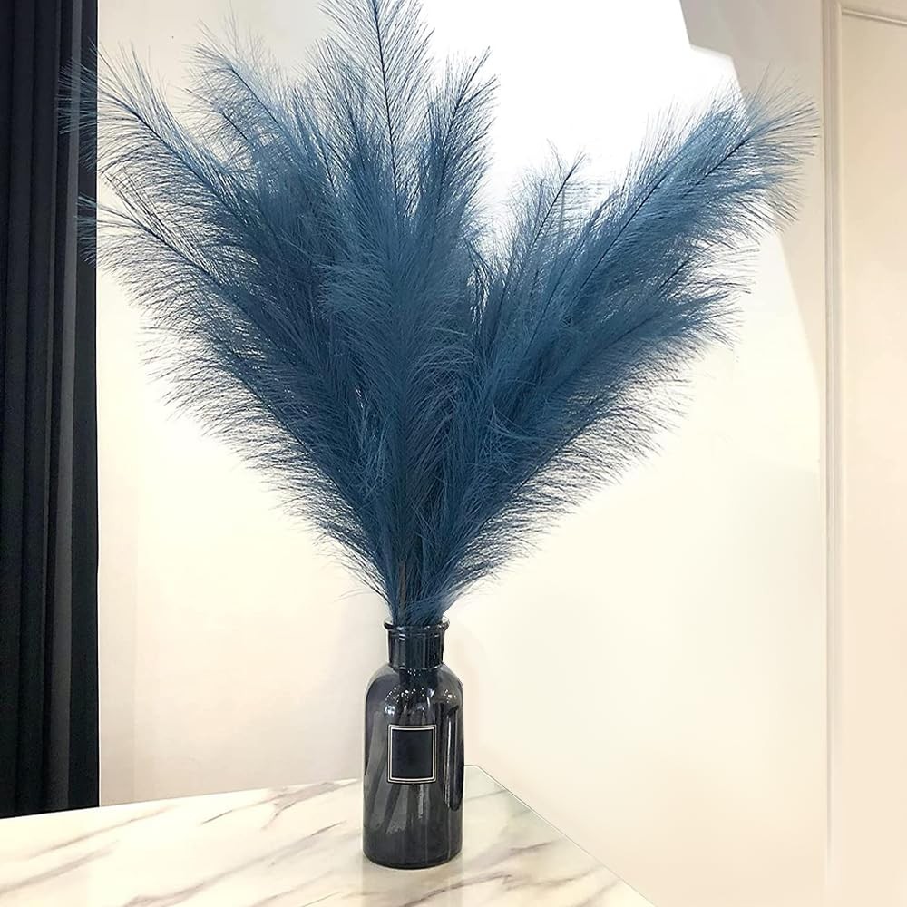 5 PCS 30″ Faux Dark Blue Pampas Grass Decor Tall Fluffy Floral Vase Filler