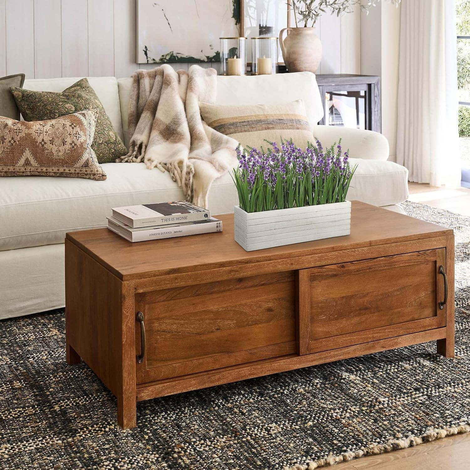 14″ Lavender Flower Arrangement in Rustic Wood Planter for Home Decor