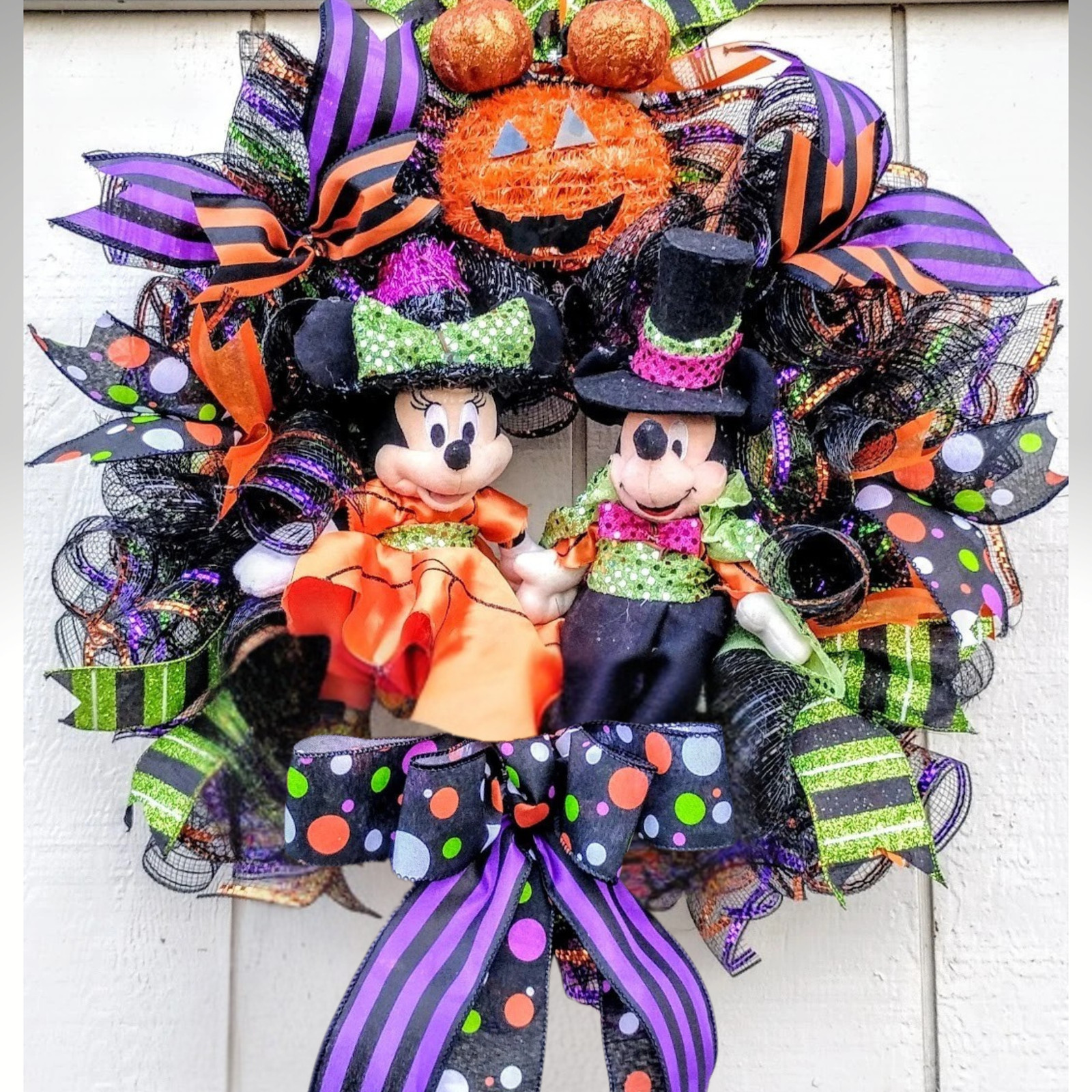Mickey and Minnie Halloween Wreath Large 24″ Handmade Deco Mesh Front Door Decor