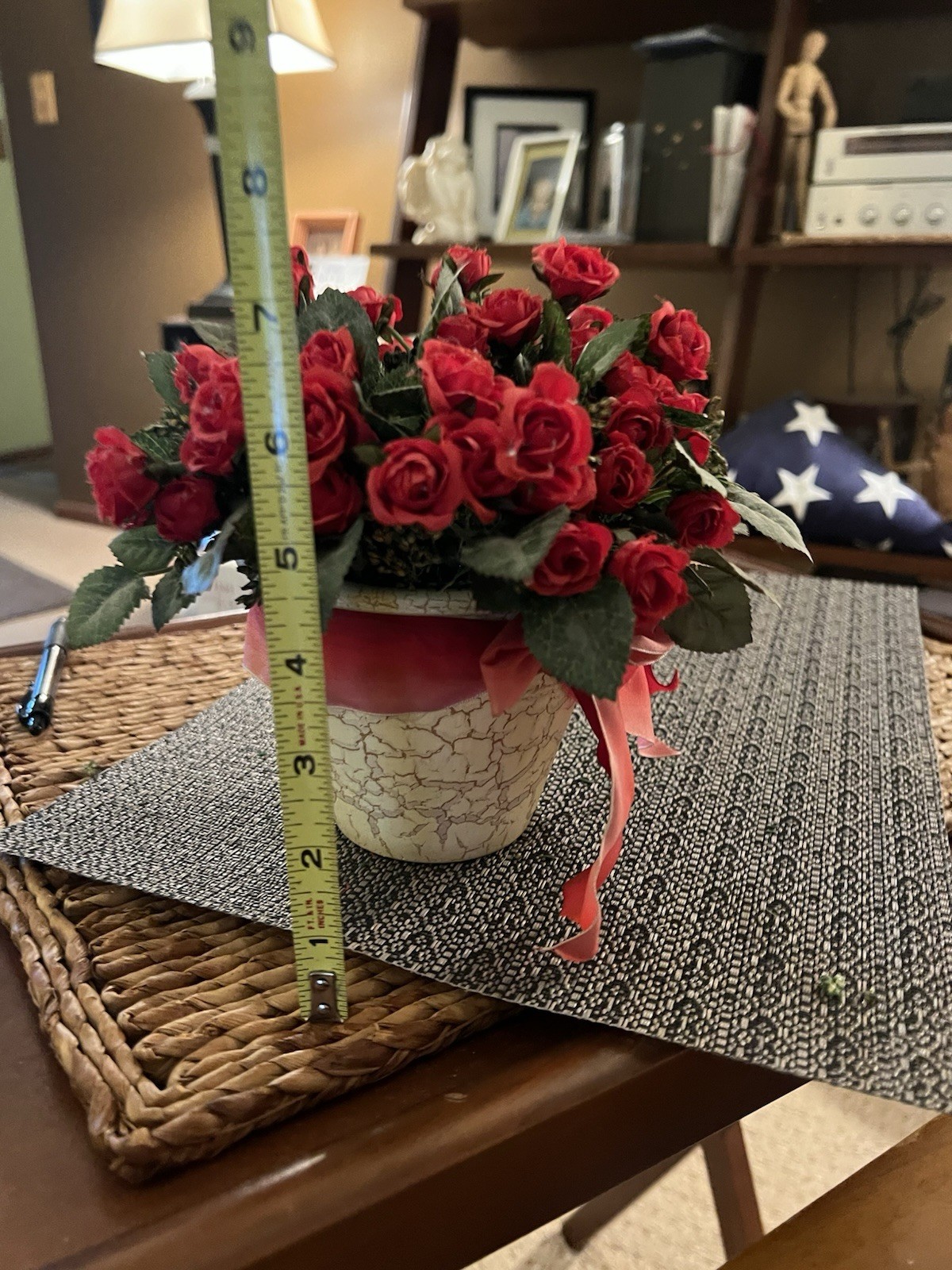 Red Rose Floral Arrangement in Crackle Pot Faux Silk Flowers Valentine Decor