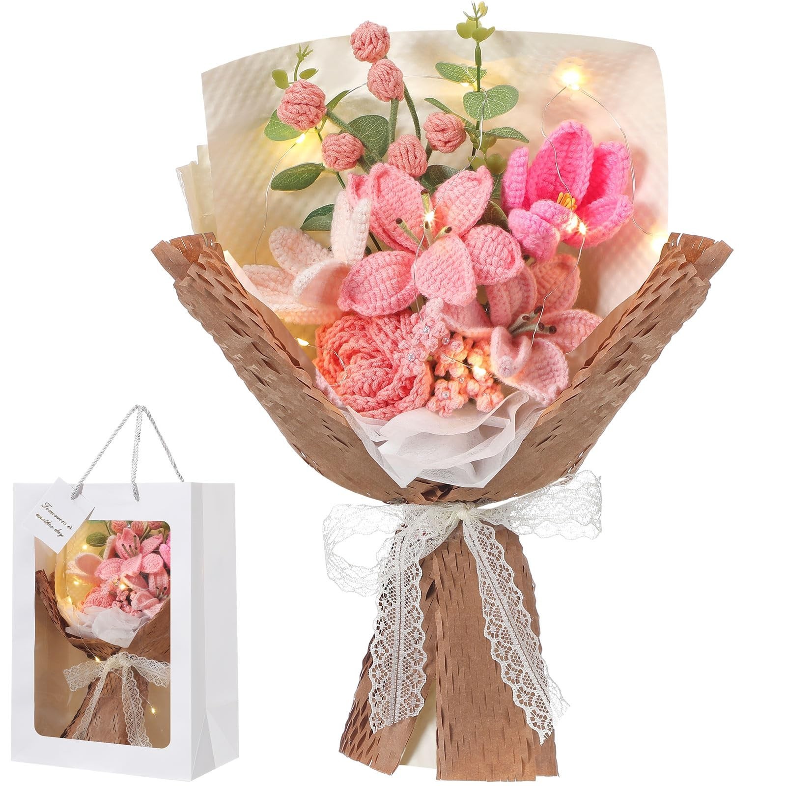 Handmade Crochet Flower Bouquet – Knitted Lily Tulips Rose Gift for Graduation,