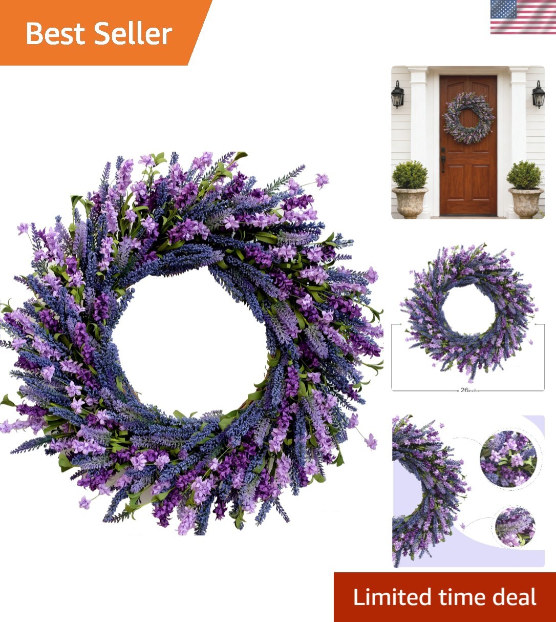 Luxurious 26-Inch Lavender Flower Wreath with Green Leaves for Home Elegance