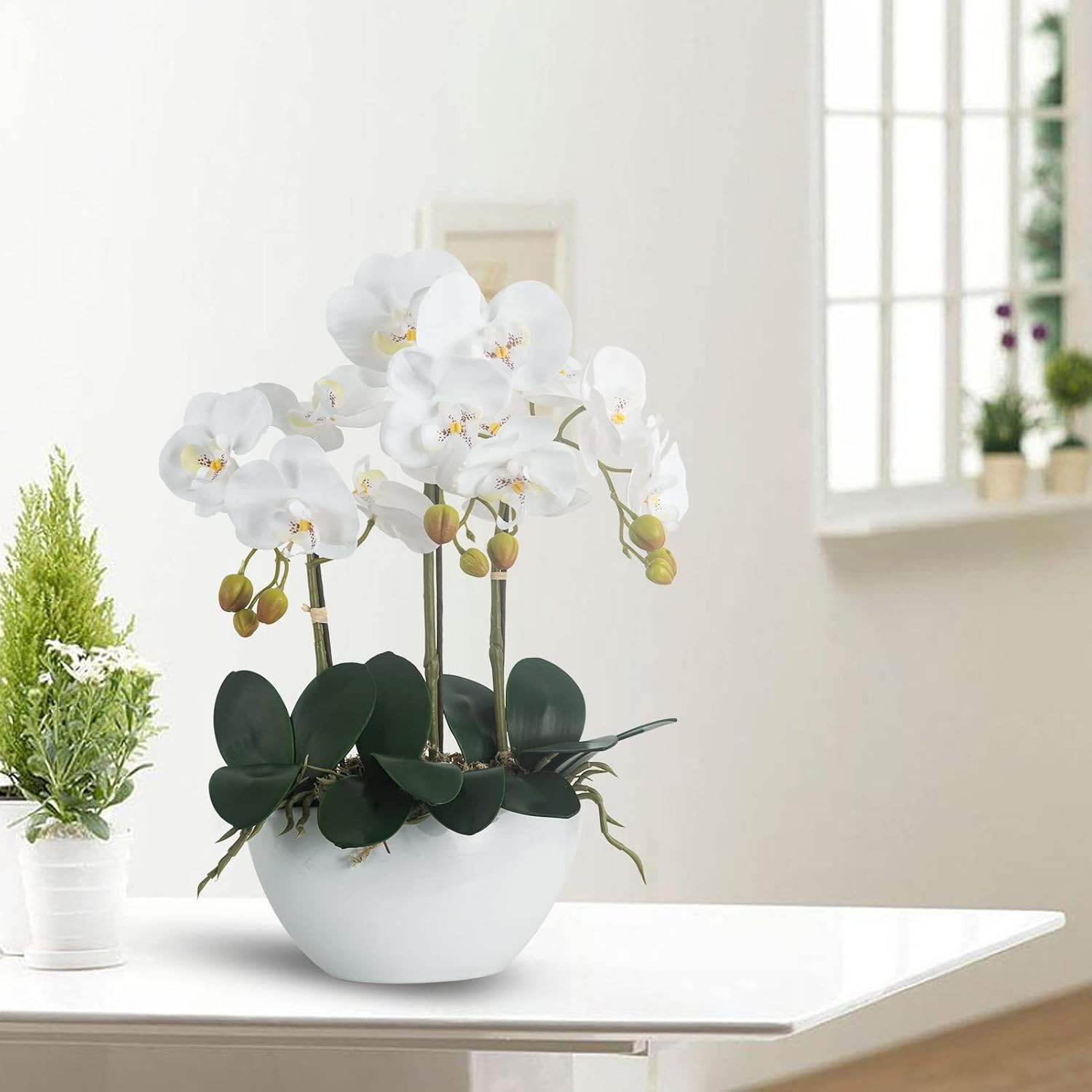 Realistic White Orchid Flowers in Ceramic Pot for Home Office Decor