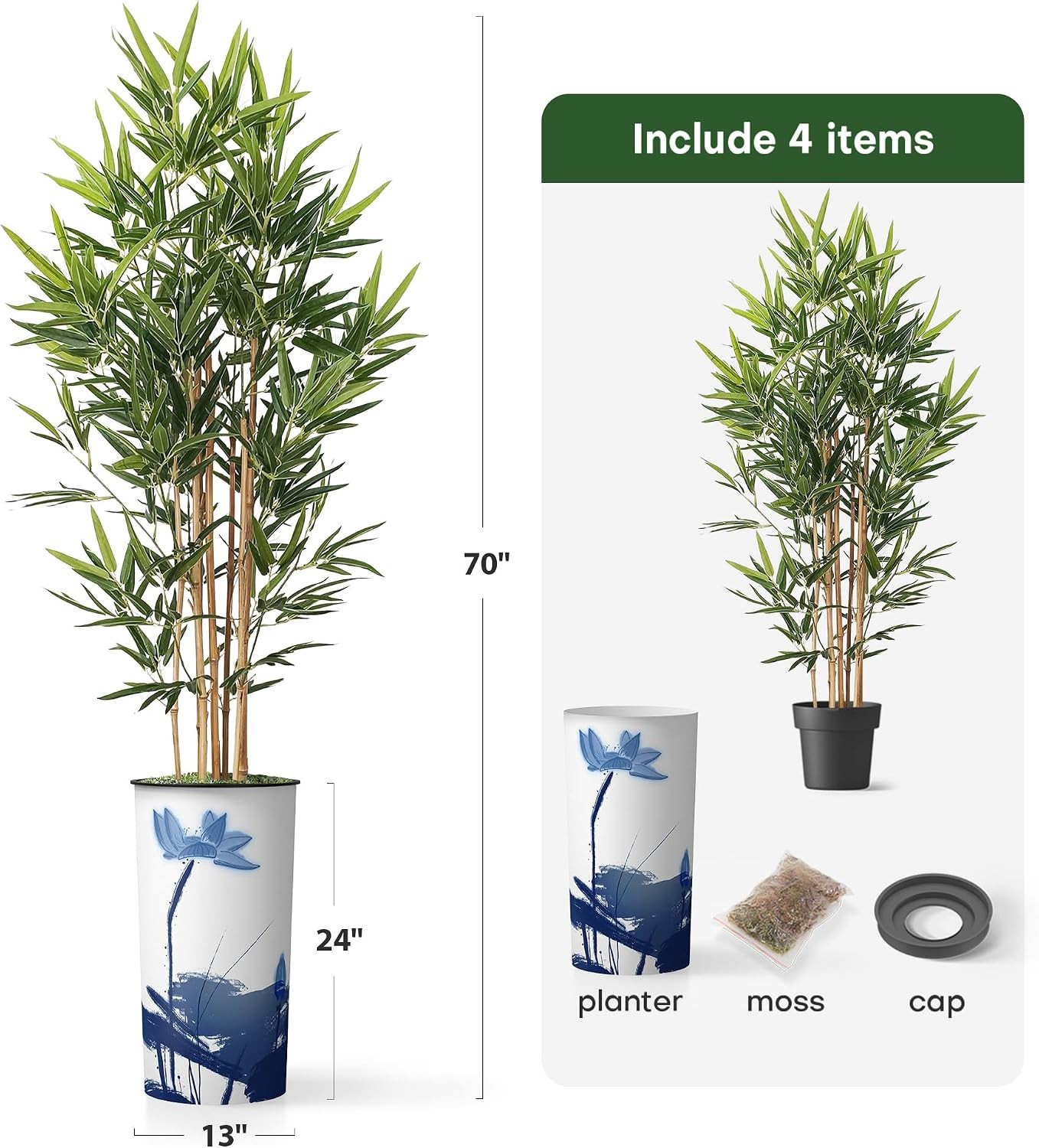 Artificial Tree in Blue Flower and Paint Texture Planter, Fake Bamboo Silk Tree