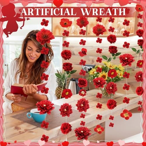 6 Pack Valentine’s Day Garlands 50ft Artificial Red Rose Hanging Decoration