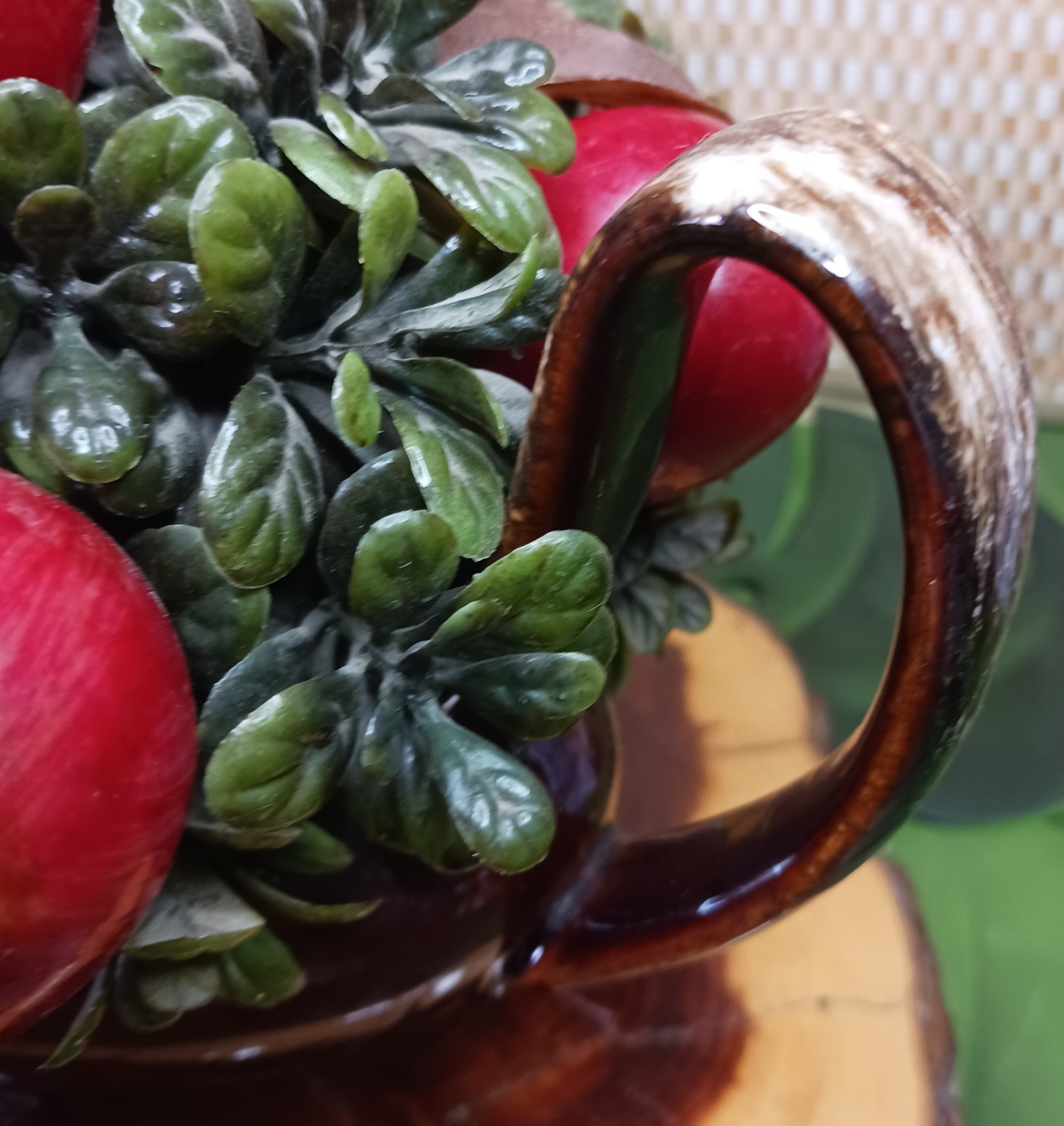 Faux Apple Nut Foliage Bouquet in HULL Vintage Teapot ~ Red Brown Green 11 x 8″