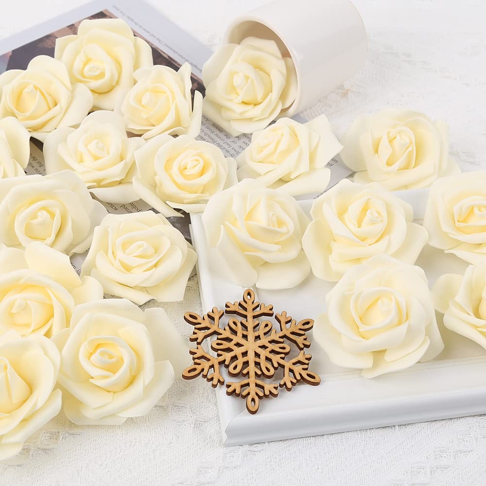 Artificial Rose Flower Heads, 100 Pcs Real Looking Creamy Yellow Foam Fake Ro…