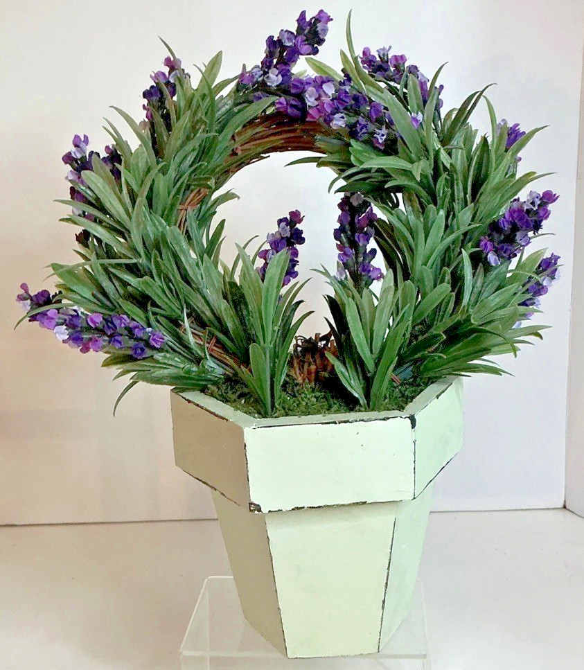 Artificial Lavender Topiary Plant 11×10 In White Wooden Pot Farmhouse Decor
