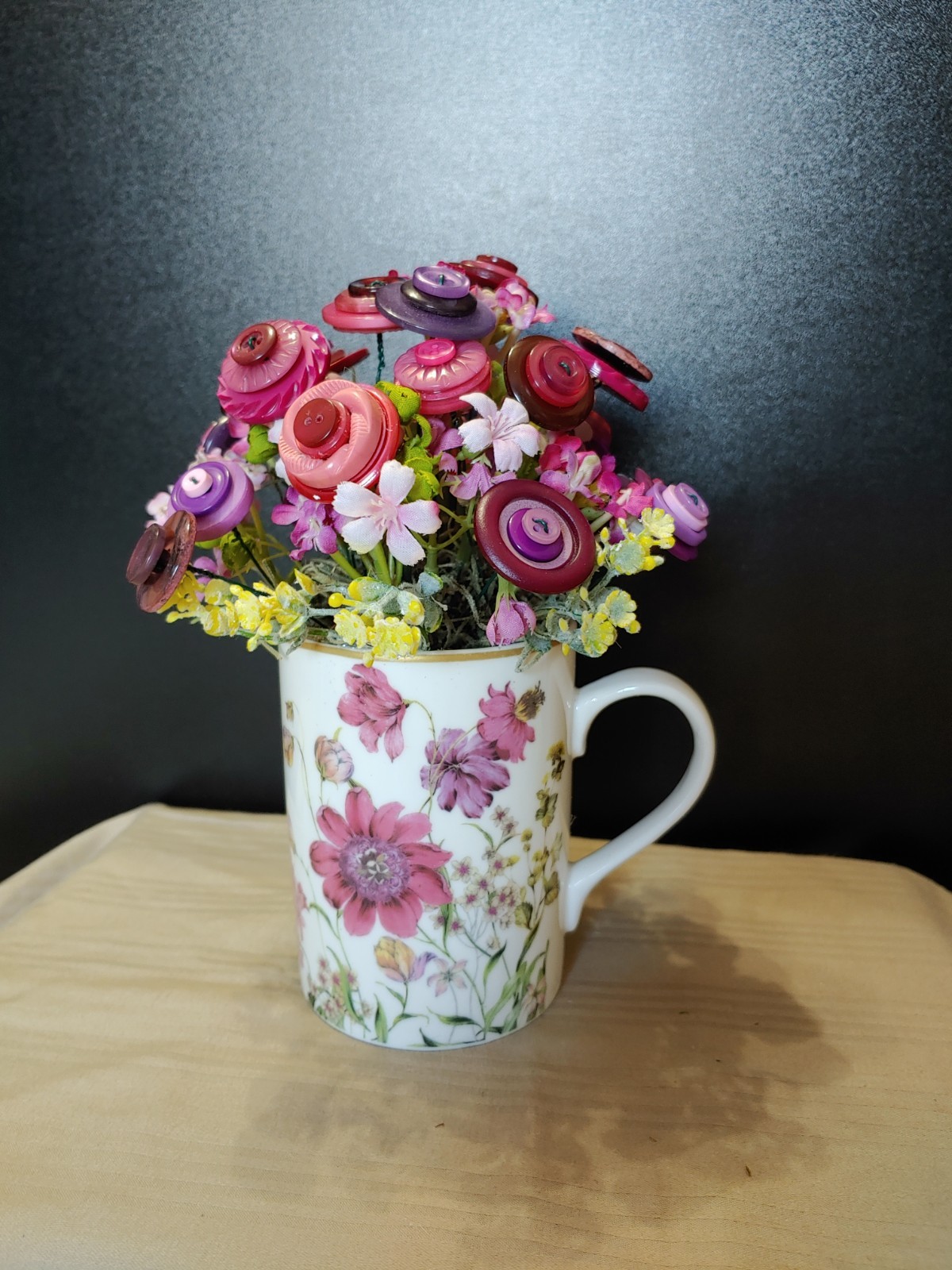 delicate floral mug with pink purple yellow BUTTON BOUQUET
