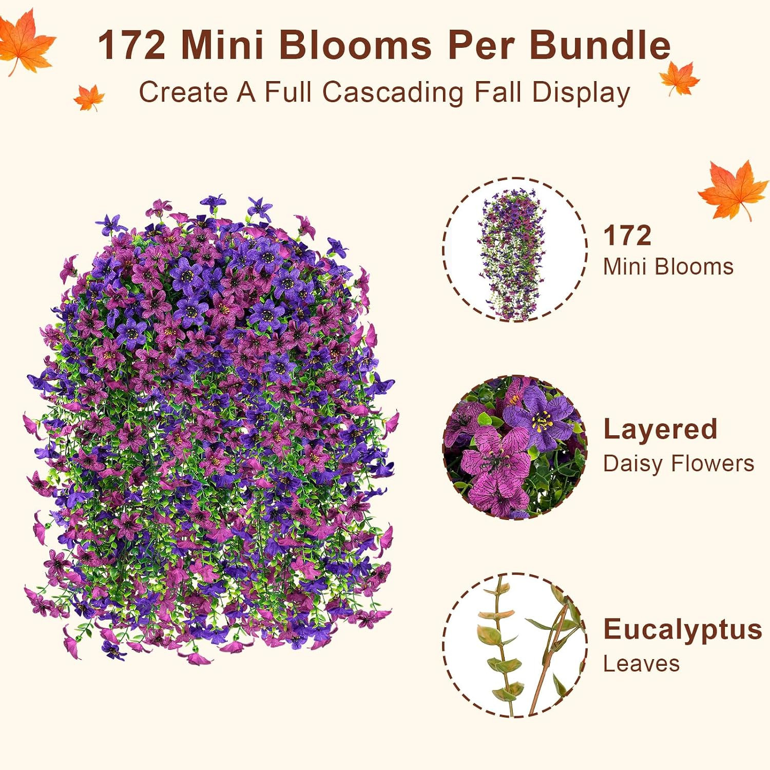 UV Resistant Artificial Hanging Mums – 4 PCS Double Purple Faux Flowers