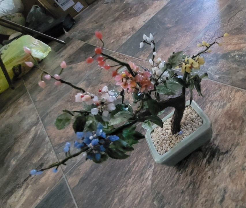 Vintage Chinese Glass Jade Bonsai Tree Celadon Pot Multi Color Flower Marked 9″