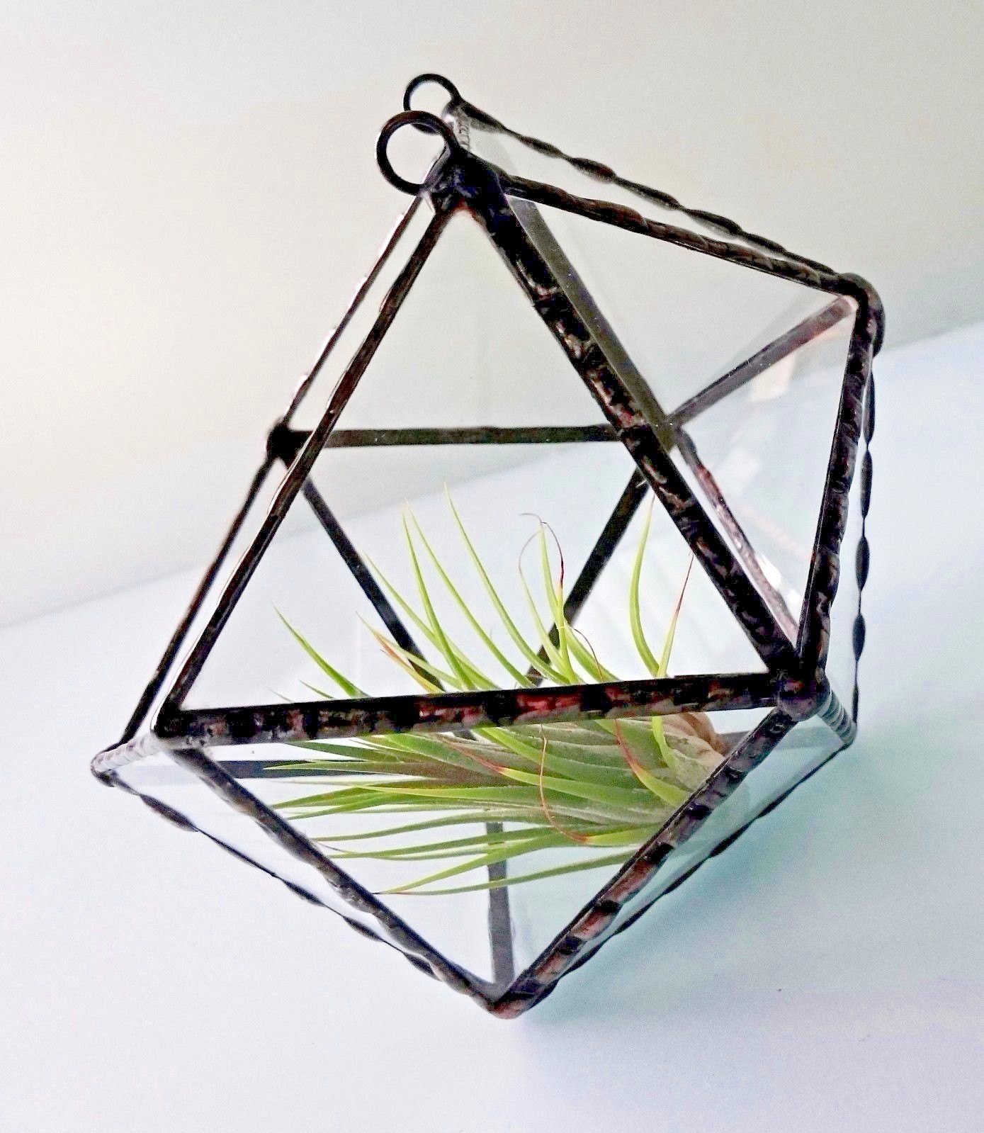 Stained Glass Terrarium Wall Hanging Black Frame Transparent, Planter For Indoor