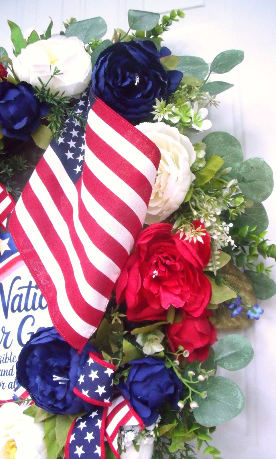 Patriotic Peony/Flag Wreath, Red/White/Blue, One Nation Under God
