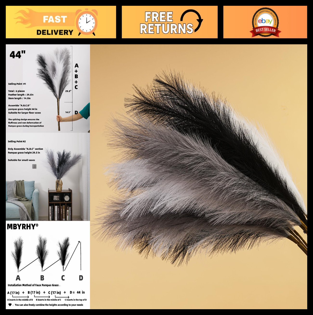 Tall Pampas Grass Decor – 6 Pcs 44” Fluffy Large Pompas for Boho Wedding & Livi