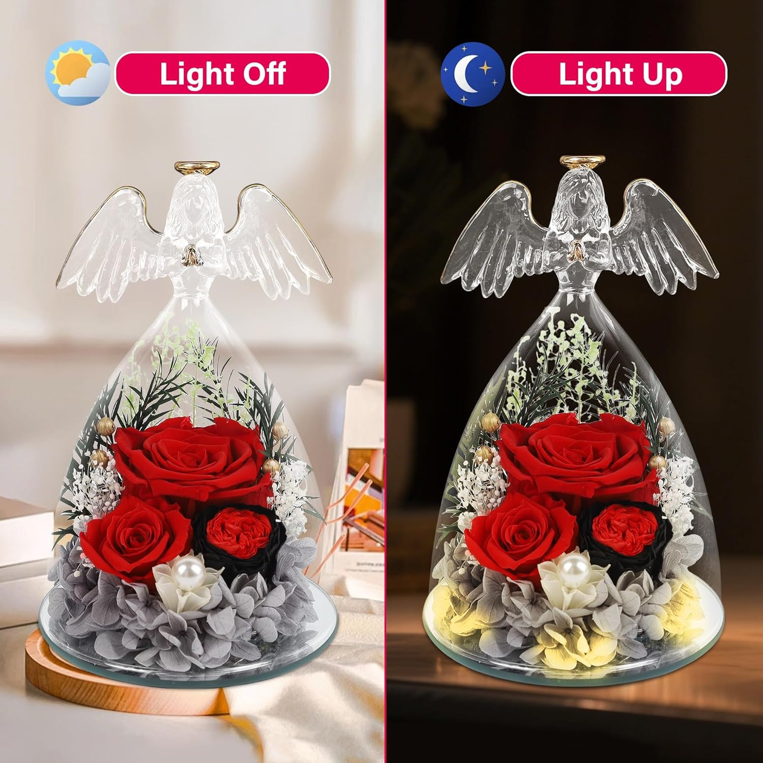 Gifts for Women Mom-Preserved Roses in Glass Angel Figurine, Forever Fresh Flowe