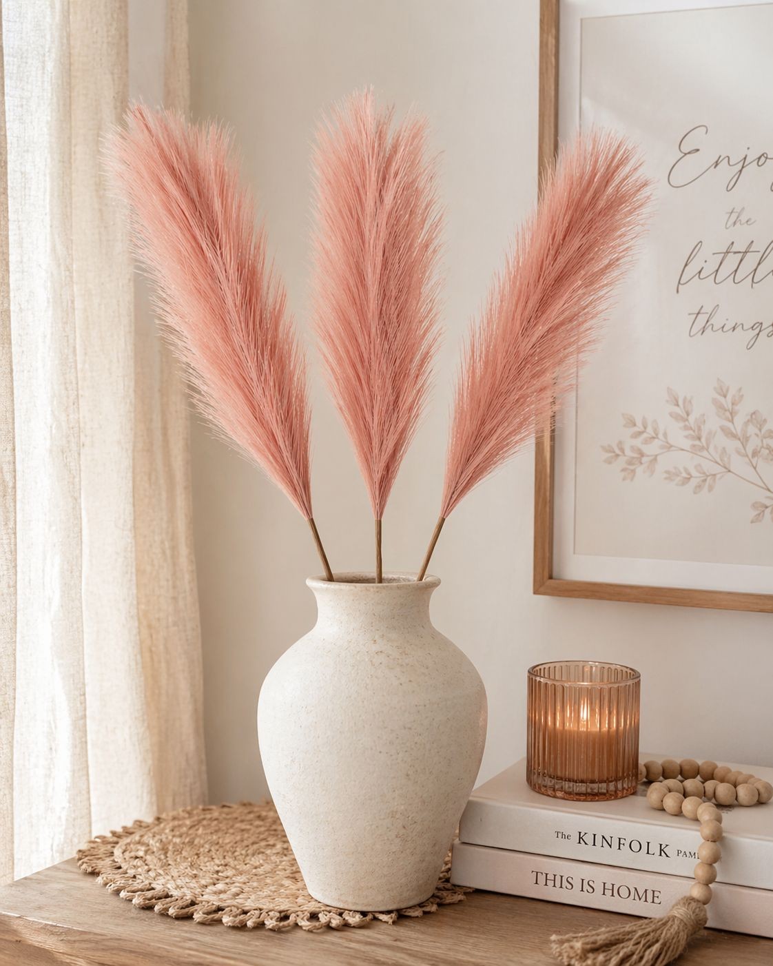 Rose Pink Pampas Grass 3 Stem Faux Pampas 21 Inch Boho Decor Rustic Vase Filler
