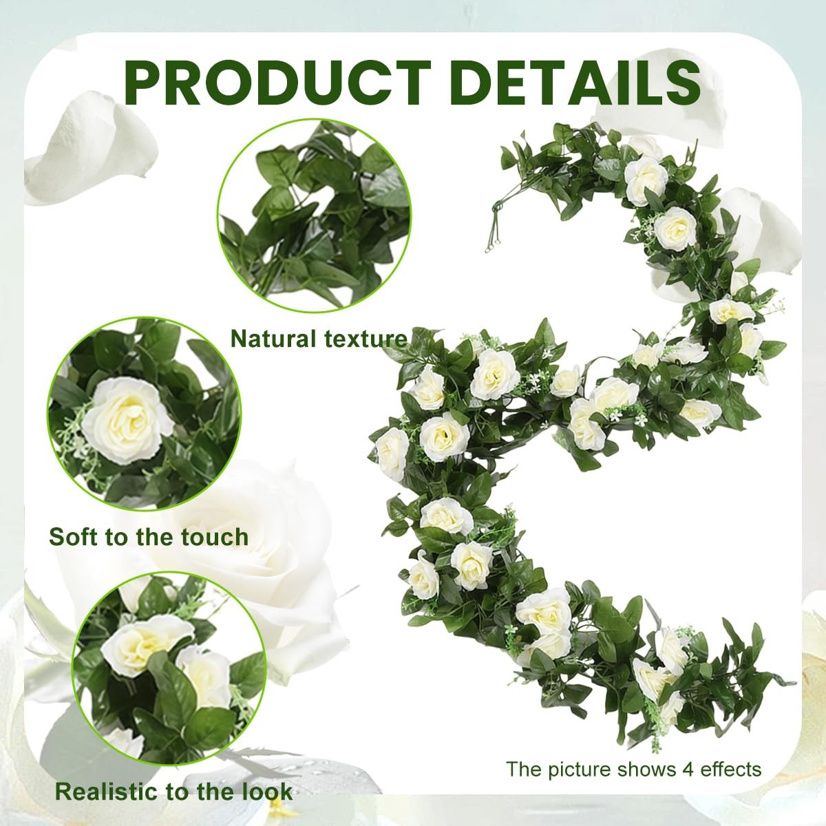 2Pack White Artificial Rose Garland Fake Silk Flower Vine with Greenery Hangi…
