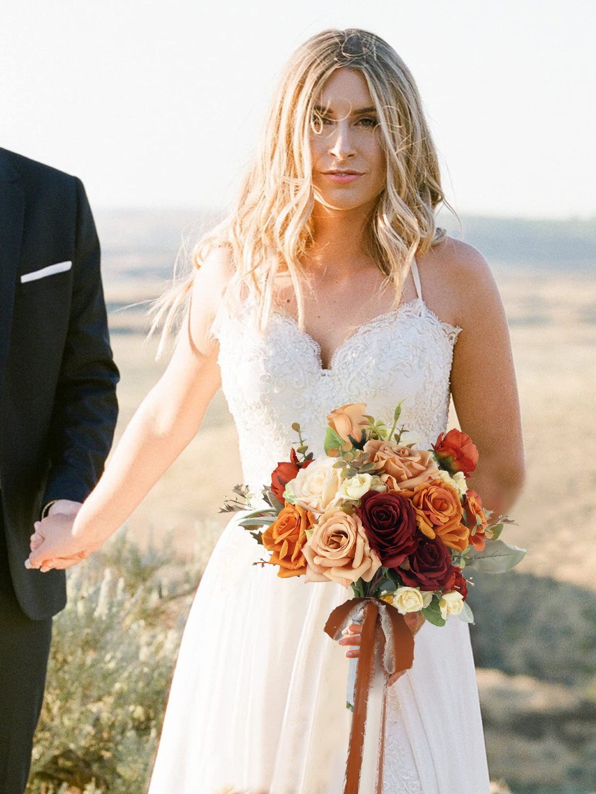 Rinlong 9″ Wide Burnt Orange Wedding Bouquet for Bride, Rustic Terracotta Art…