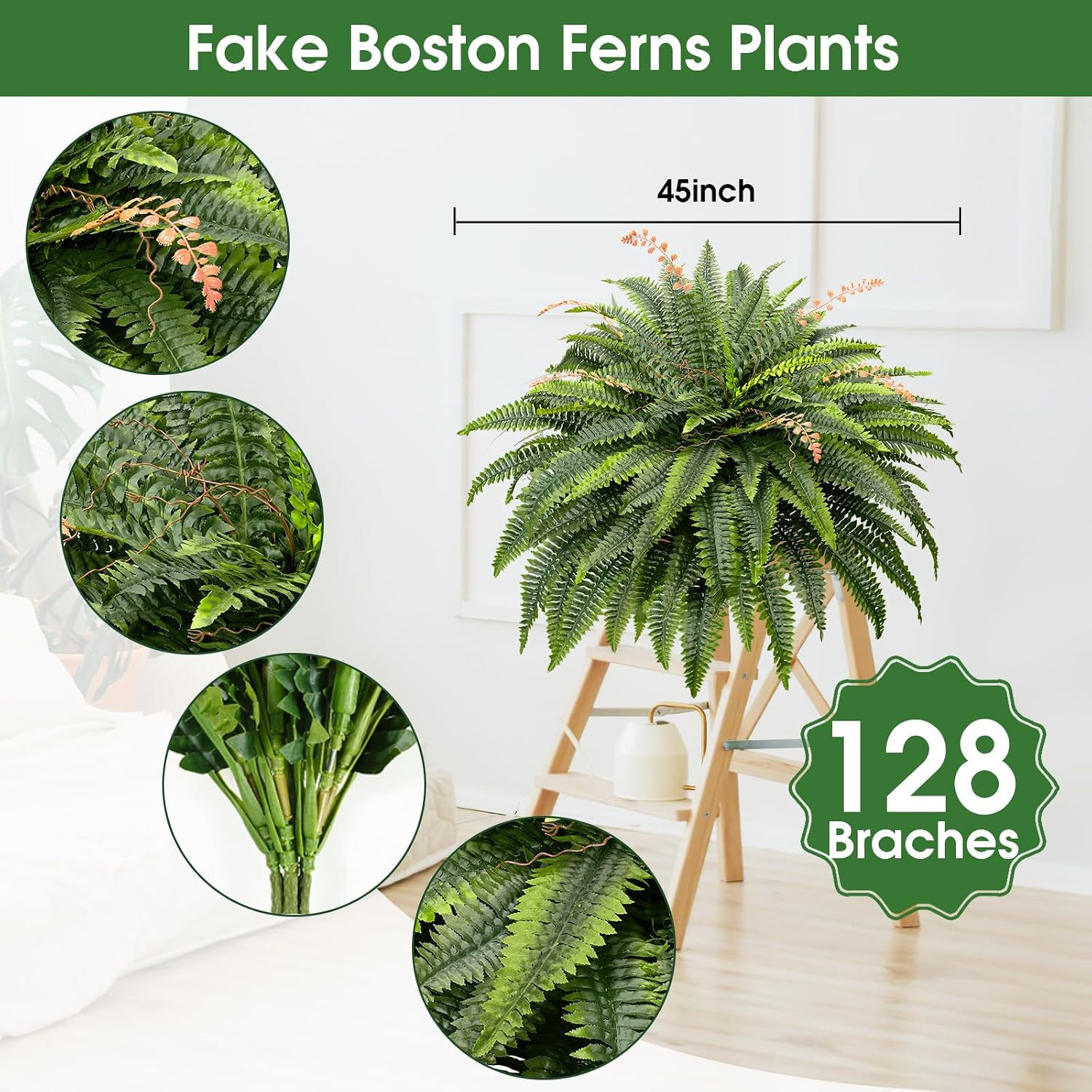 CQURE 128 Branches Fake Ferns Artificial Plants Large, 50″ Set of 2 Artificial B