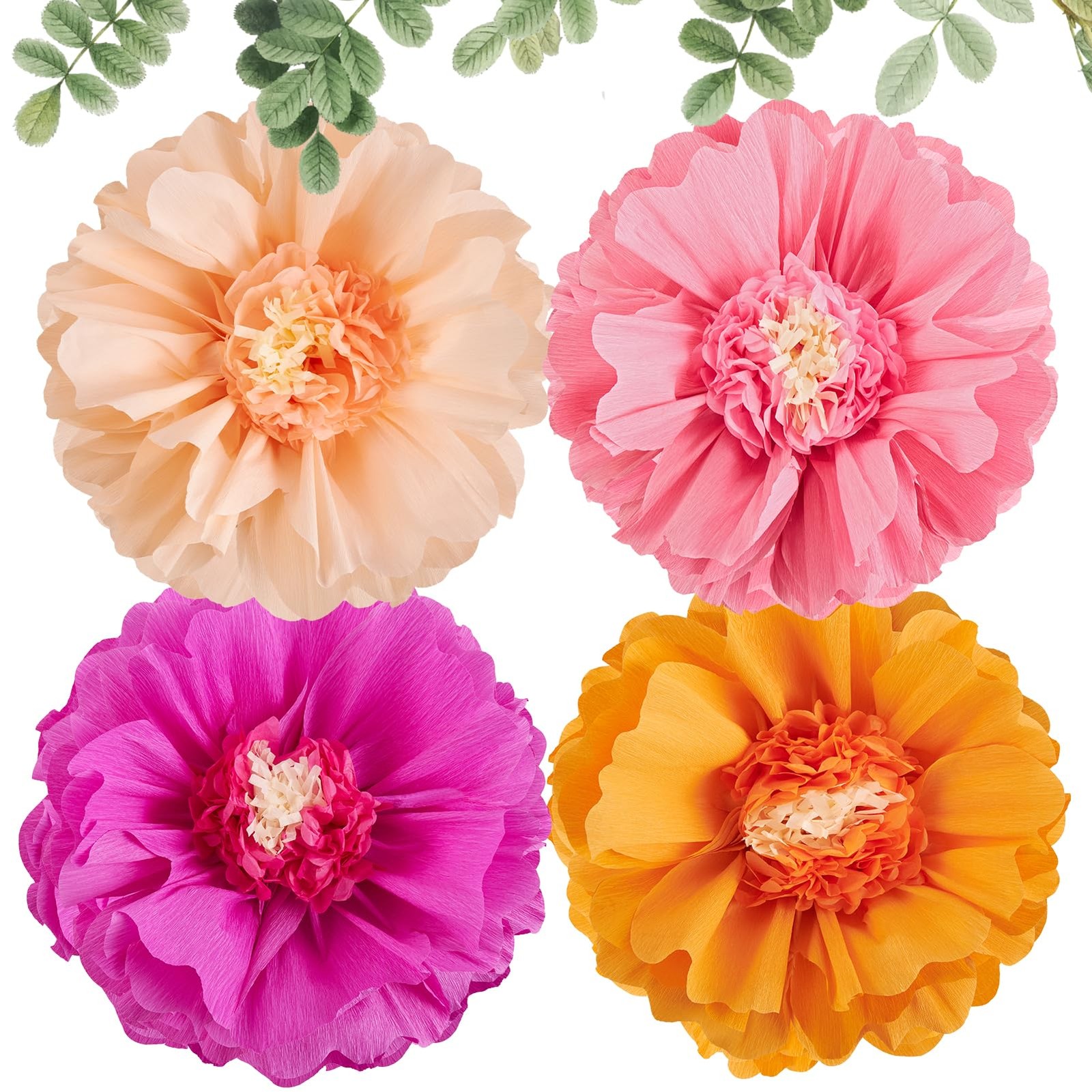 Large Paper Flowers 20” Pink Orange Giant Crepe Tissue Wall Decor 4 PCS