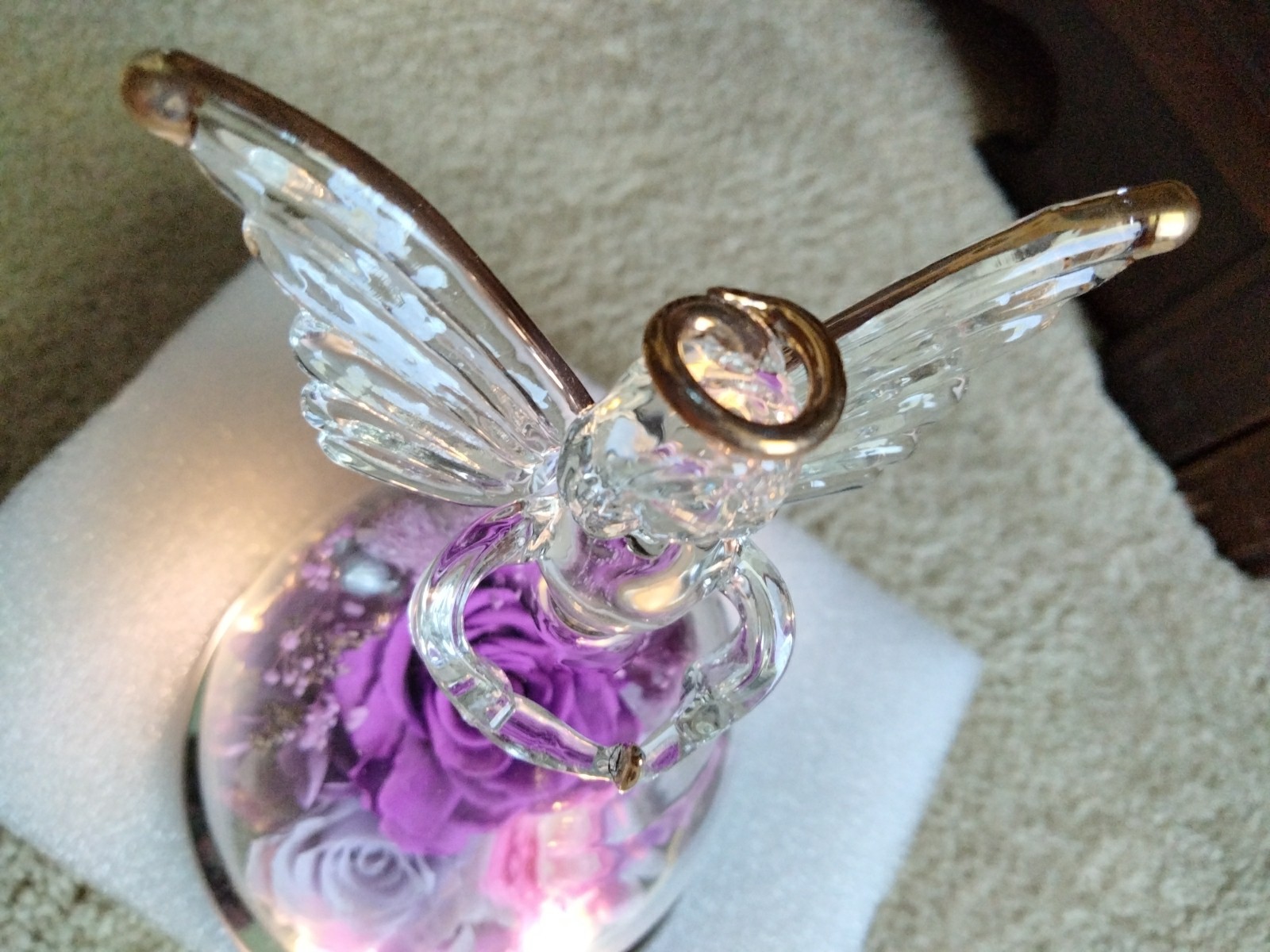 NEW Large Angel Figurine Preserved Real Roses Flowers with Light