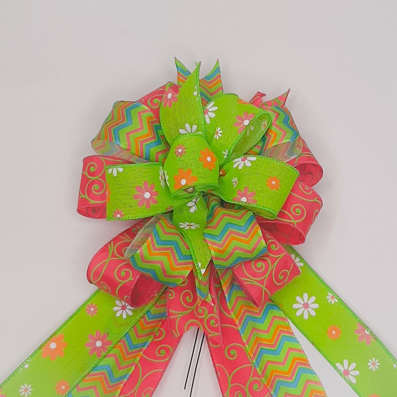 Spring Bow, Wreath Bow, Green Floral Print, Chevron, Pink with Swirl Print