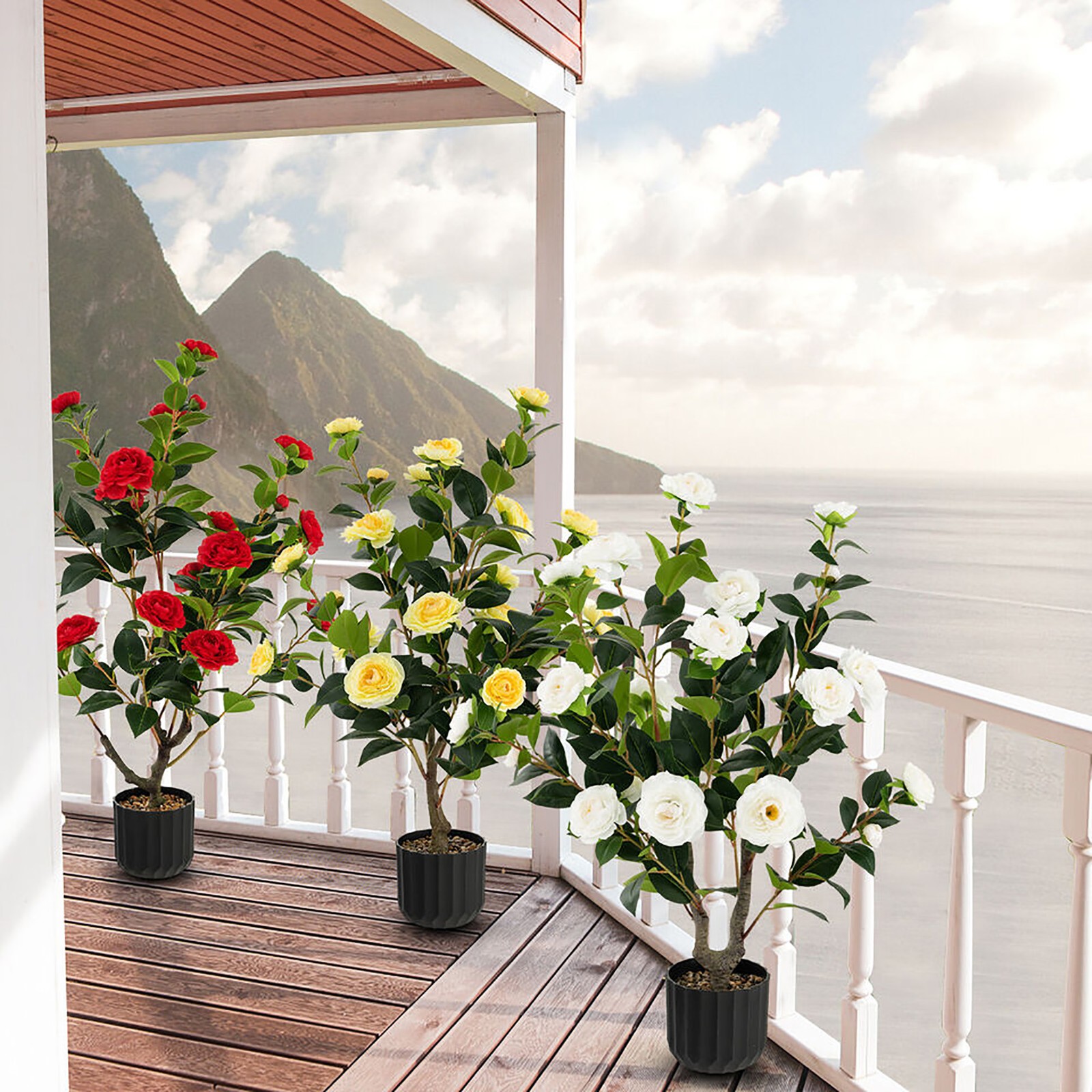 2-Pack 38” Artificial Camellia Tree Faux Floral Plant for Decoration White