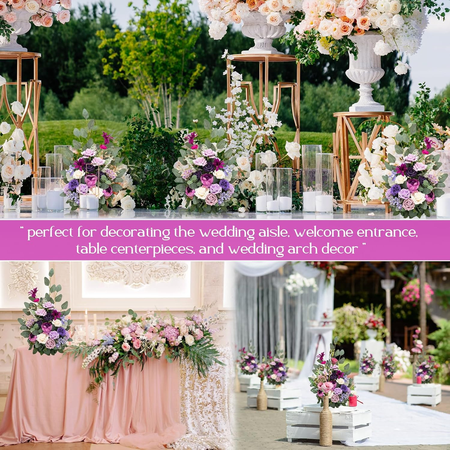 Purple 4 Pcs Free-Standing Wedding Aisle Floral Arrangements & Chair Decor