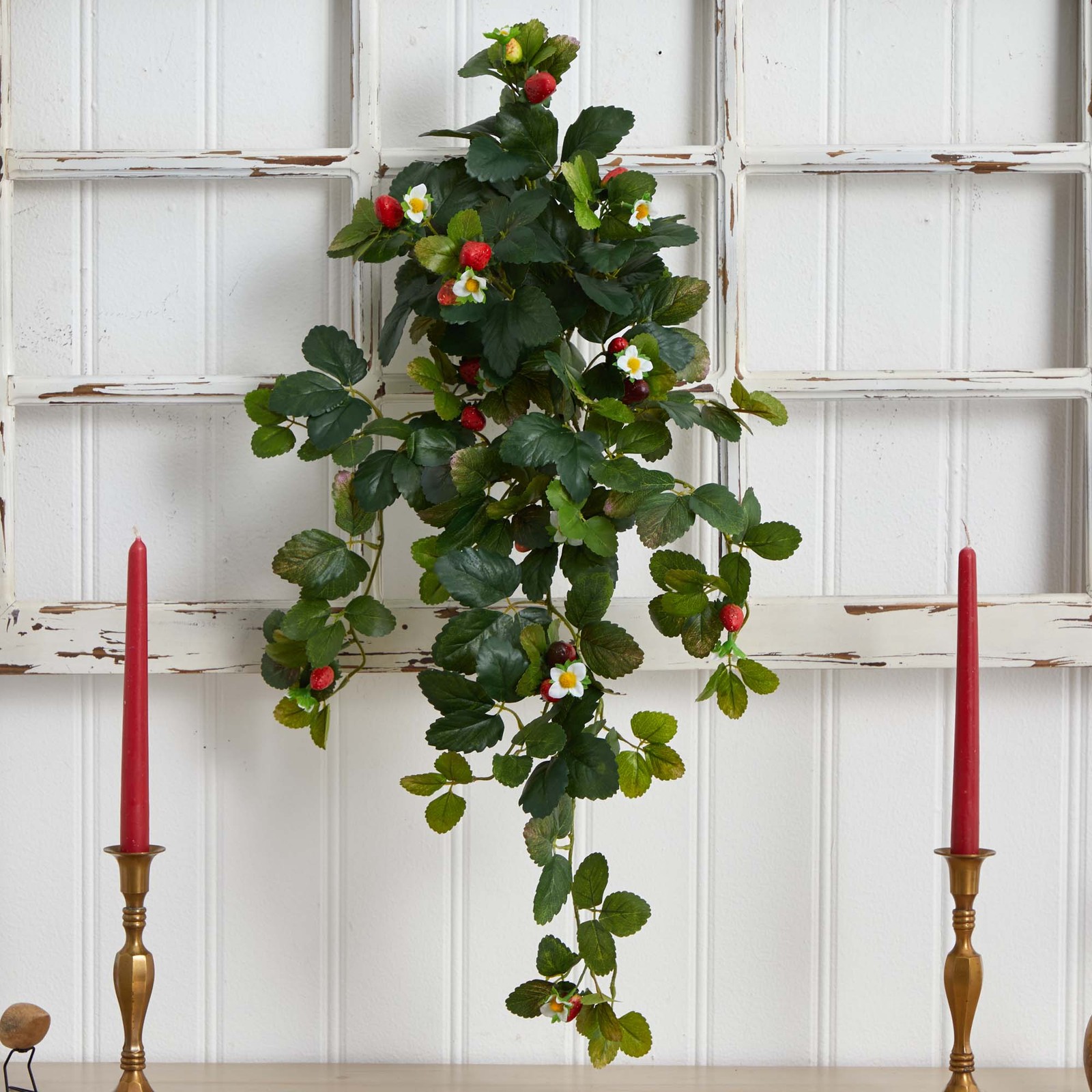 Nearly Natural 31″ Strawberry Hanging Bush with Berry (Set of 2) in Green