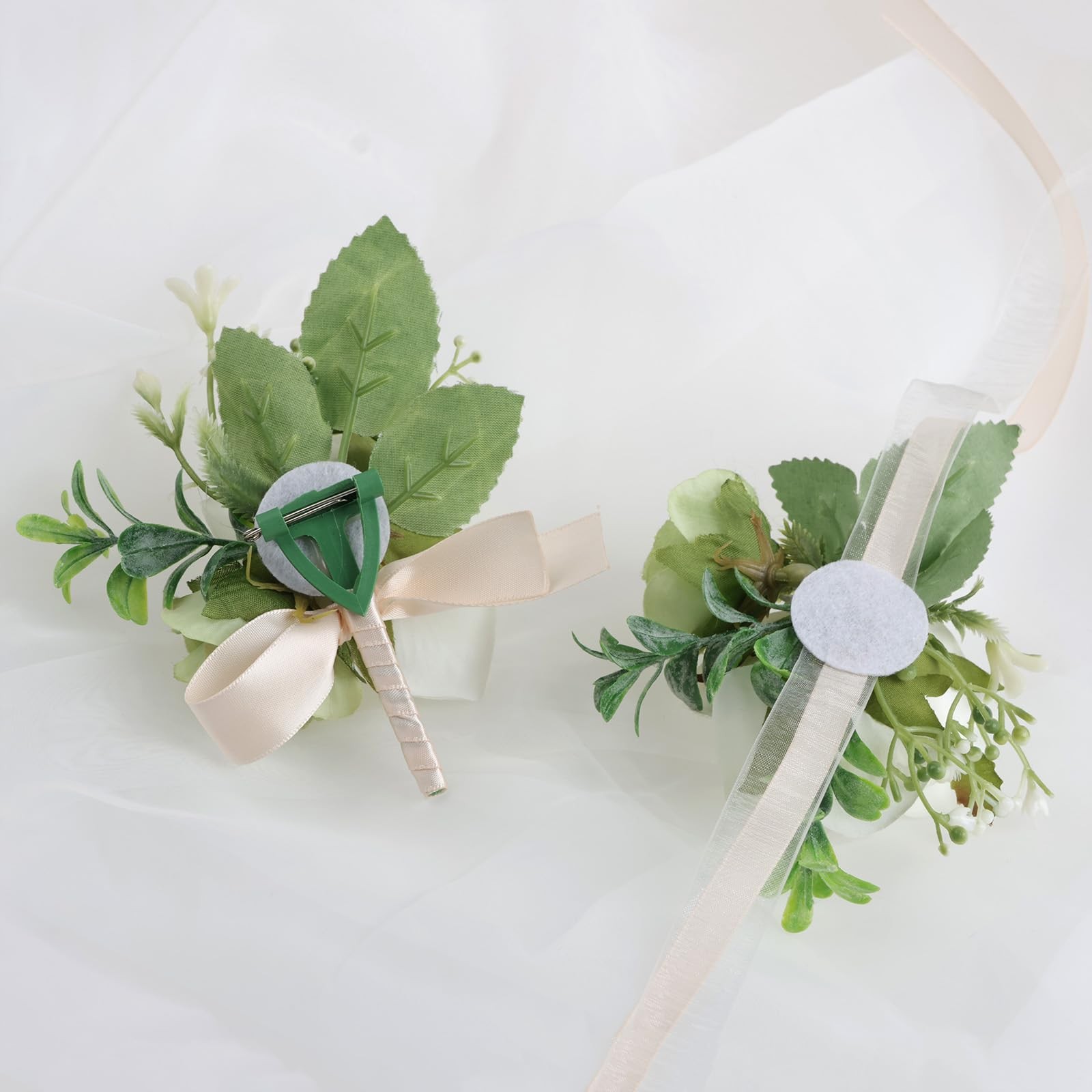 2 PCS Wrist Corsage Boutonniere Set Artificial Flower White Light Green